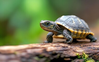 Obraz premium A close-up of a turtle exploring a log in a lush green environment, showcasing its intricate shell patterns and vibrant colors.
