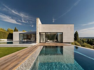 Fototapeta premium Traditional mediterranean white house with pool,Modern backyard of a swimming pool with house,Trendy outdoor modern house, awning and patio roof, garden lounge, chairs, metal grill surrounded by lands