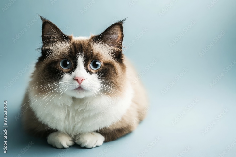 Wall mural a closeup portrait of a funny kitten in a studio over a blue background, looking seriously at the ca