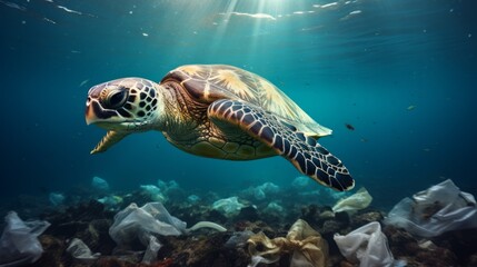 Tropical turtle and plastic bag in ocean underwater space. Neural network ai generated art