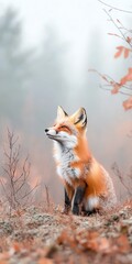 Obraz premium A majestic fox sits gracefully in a misty forest, showcasing its vibrant fur against the serene autumn landscape.