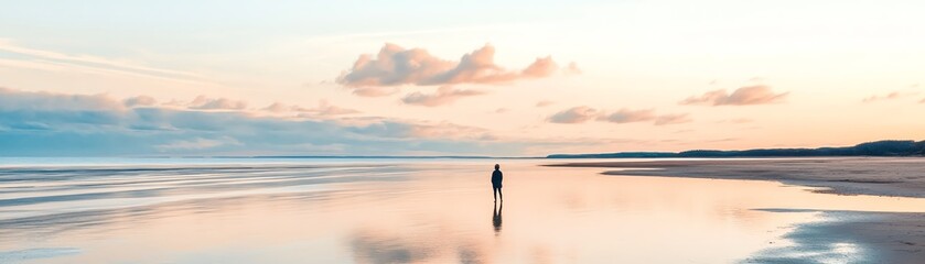 Fototapeta premium A serene beach scene at sunset, featuring a solitary figure walking along the reflective shoreline, embodying tranquility and solitude.