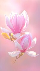 Obraz premium Beautiful blooming Chinese magnolia tree in spring garden. Closeup bloom flowers on sunny day. Woman's or Valentine Day. Romantic floral background for design greeting card, banner, poster, wallpaper