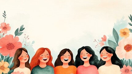 A joyful group of women laughing together, surrounded by colorful flowers, perfect for themes of friendship and positivity.
