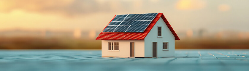 Fototapeta premium A miniature house with solar panels symbolizes eco-friendly living and sustainable energy solutions surrounded by a tranquil setting.