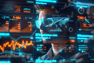 A holographic financial advisor with a digital interface showing financial data and trends, emphasizing the role of AI in personal finance management