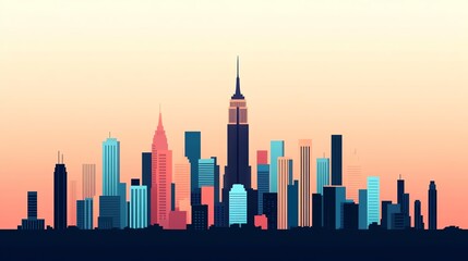 Obraz premium A stunning silhouette of a city skyline against a colorful sunset, showcasing iconic buildings and vibrant hues.