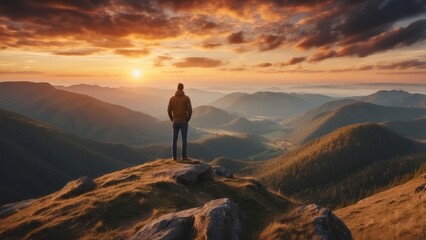 Fototapeta premium A lone hiker stands on a mountaintop, overlooking a valley at sunset.