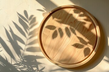 Fototapeta premium Empty wooden circle product display with leaf shadow, raw photo