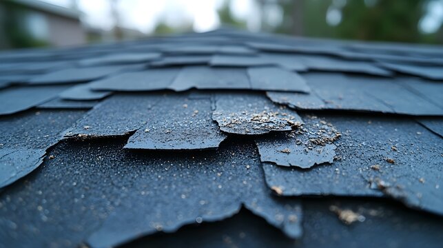 A shingle roof after a hailstorm, with significant damage: round dents, broken edges, and visible patches of granule loss