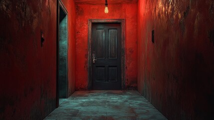 Obraz premium The dark style house corridor evokes a nostalgic feeling of the 1980s. Warm cinematic composition, hyper realistic and delicate visual effects, showcasing soft natural light and smooth shadows.