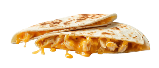 Set of isolated chicken quesadilla with melted cheese dripping on transparent background. cut flower elements, garden themed designs. Top view high quality PNG." design elements, top view / flat lay.