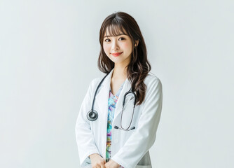 Fototapeta premium Asian doctor woman in professional medical attire, primarily a white lab coat, is set against a simple background that showcases her healthcare expertise.