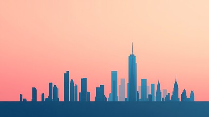 Obraz premium Minimalist city skyline at sunset, featuring tall buildings silhouetted against a soft gradient sky.