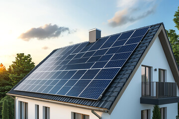 Obraz premium A modern house with solar panels on the roof, showcasing renewable energy and sustainable living under a clear blue sky.