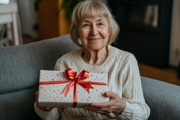 The picture shows a positive, good-looking senior woman holding a birthday present and smiling joyfully while sitting on a couch, celebrating a successful achievement