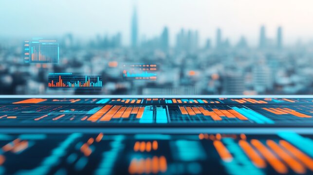 Futuristic data visualization with graphs and city skyline background, ideal for technology and finance concepts.