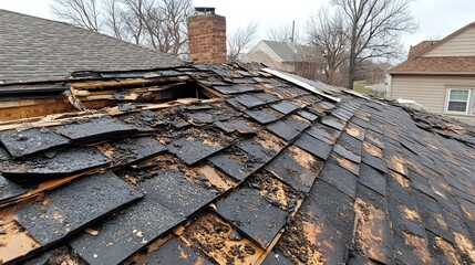 A shingle roof with obvious hail damage, further deteriorated over time, rainwater pooling on the roof, interior showing signs of extensive water damage