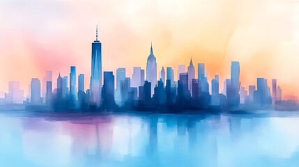 Fototapeta premium Vibrant watercolor depiction of a city skyline at sunset, featuring iconic skyscrapers reflecting in calm waters.