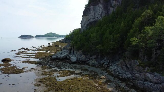 Survol d'un drone le long d'un cap rocheux parsem&eacute; d'une for&ecirc;t verdoyante en bord de mer &agrave; mar&eacute;e basse d&eacute;voilant le fond marins, les rochers,les algues sur la plage et des iles en arri&egrave;re-plan.