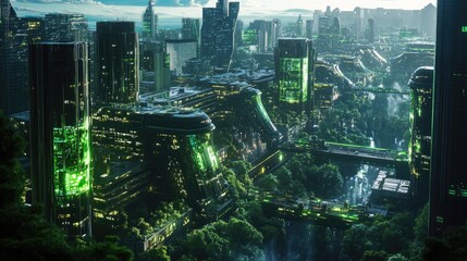 Naklejka premium Smart AI city, advanced technology, futuristic infrastructure, holographic society
