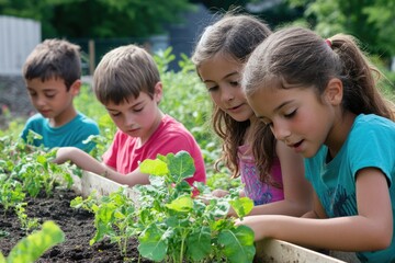 Children collaborating on a community garden project, planting seeds together and learning about teamwork and sustainability