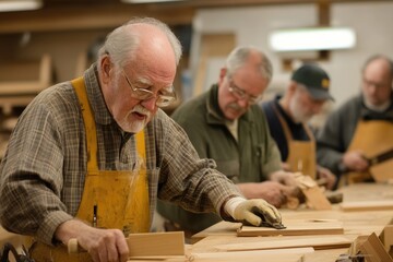 Elderly men in a woodworking class, each working on their own projects, learning new skills with the help of an experienced instructor