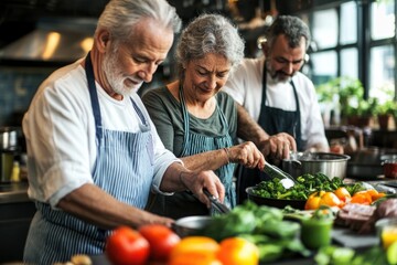 A senior couple in a cooking class, learning to prepare healthy meals together, with the instructor demonstrating techniques at the front