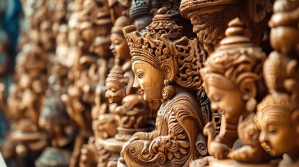 Fototapeta premium A close-up of intricately carved wooden handicrafts, with ample space on the side for copy