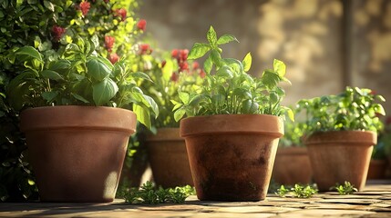 Vibrant Organic Herbs and Greens Growing in Rustic Earthenware Pots