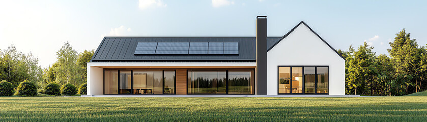 Obraz premium Modern house with large windows and solar panels, surrounded by lush greenery in a serene landscape.