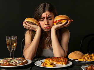 The image shows a young woman with long hair sitting at a table, holding a burger in each hand, looking distressed and overwhelmed.