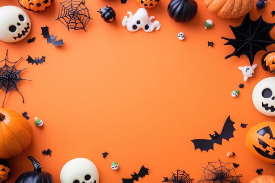 Top view of spooky Halloween decorations on an orange background with a central blank space, perfect for creating greeting cards or party invitations