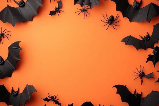 A festive Halloween flat lay with black bats and spiders on an orange background, creating a space in the center for custom text, ideal for greeting cards