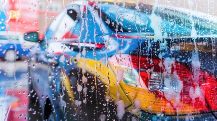 Obraz premium A car is covered in foam and water. The foam is red and orange. The car is parked on a street