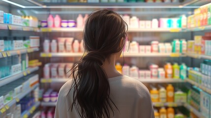 Fototapeta premium Close-up photography of a person examining allergen-free options in the snack aisle, ensuring safety and compliance with New Food Restrictions outlined by the FDA