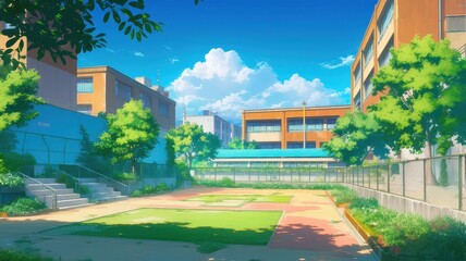 Fototapeta premium Illustration of Schoolyard with brightly colored school buildings, and walkways surrounded by green trees. anime style 