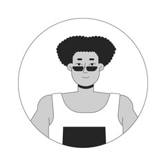 Sunglasses hispanic man with athletic body black and white 2D vector avatar illustration. Latinamerican male outline cartoon character face isolated. Casual sportswear flat user profile image portrait