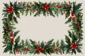 Watercolor Christmas tree, holly and mistletoe border. Hand painted vintage frame with branches, berries and leaves isolated on white background. Traditional evergreen frame