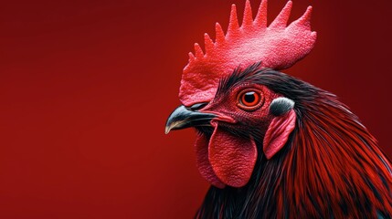 Striking close-up of a red-feathered rooster against a vibrant background