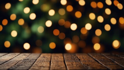 Wooden dark tabletop and blurred christmas tree bokeh. Xmas background for display your product