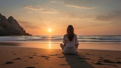 Fototapeta premium Woman Sitting on Sandy Beach at Sunset with Ocean View