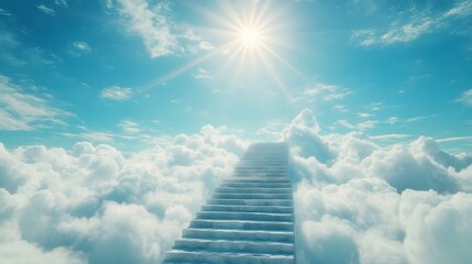 A stairway to heaven, ascending into a bright blue sky, clear day, fluffy white clouds, intense sunburst at the top, lens flare, photorealistic, inspirational.