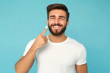 Fototapeta premium The morning routine of a young man applying face cream on his cheeks, with a blue background