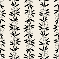 Olives branch pattern, ornament silhouettes dark on beige background.