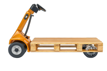 A modern electric pallet truck featuring a sturdy wooden platform and a vibrant orange handle, ideal for warehouses and logistics.