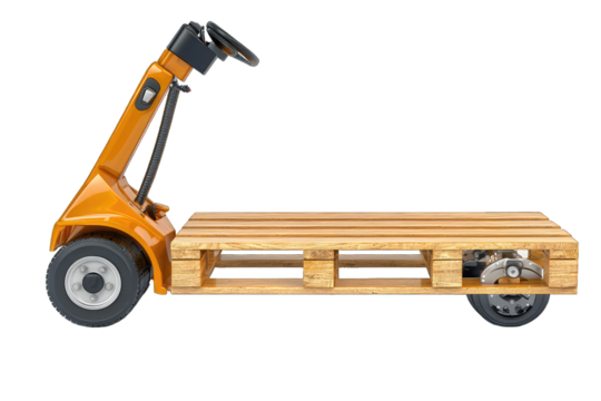 A modern electric pallet truck featuring a sturdy wooden platform and a vibrant orange handle, ideal for warehouses and logistics.