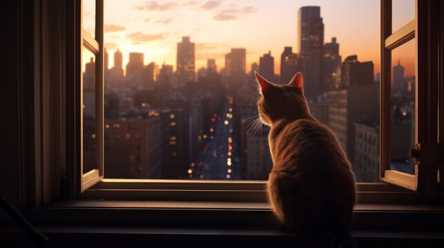 Brown tabby cat with green eyes looks outside from the window indoors. Neural network ai generated art