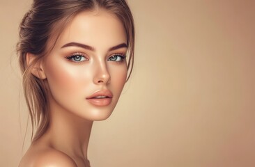 Naklejka premium Face of a young European lady in soft lighting, her air of timeless elegance and confidence exudes an aura of confidence. Concept of skin care.
