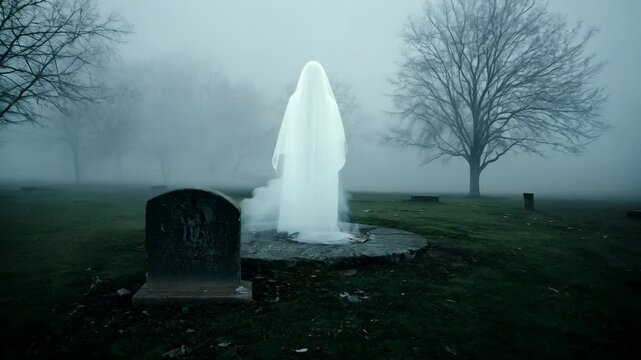 A broken gravestone under bounce light, with the gravestone lying in pieces and faint echoes of whispers in the background as a ghostly figure slowly takes shape nearby.